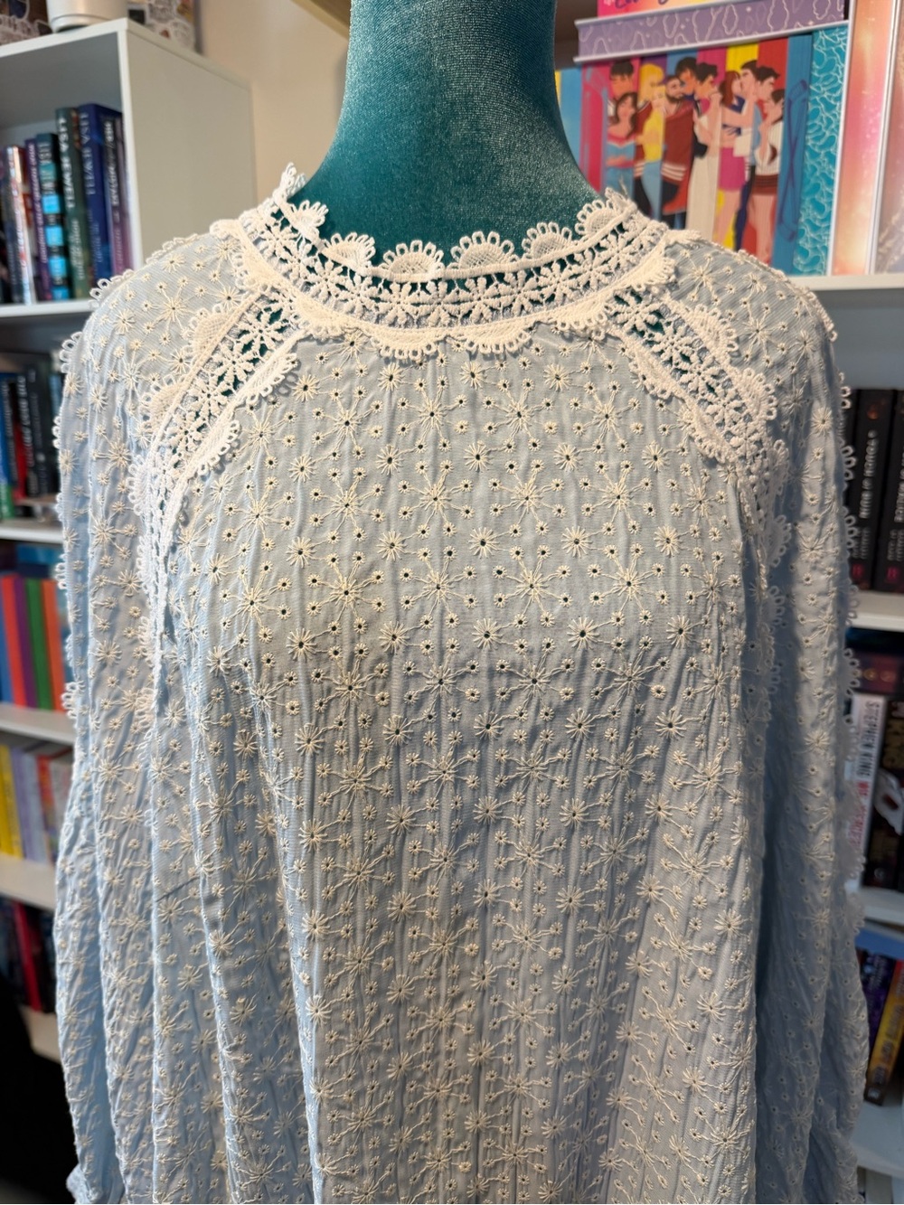 SHEIN Light Blue Eyelet Lace Long Sleeve Blouse - Picture 3 of 15